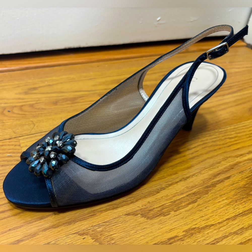 ✨ Caparros Navy Blue Peep Toe Jeweled Slingback Heels – Size 9 ✨